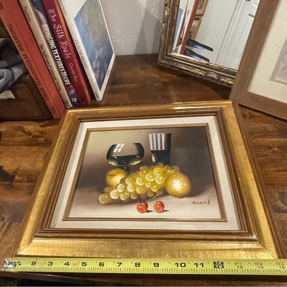 Beautiful Framed Oil Painting Wine & Fruit Still Life Signed Riddick 15x13 - Picture 10 of 13